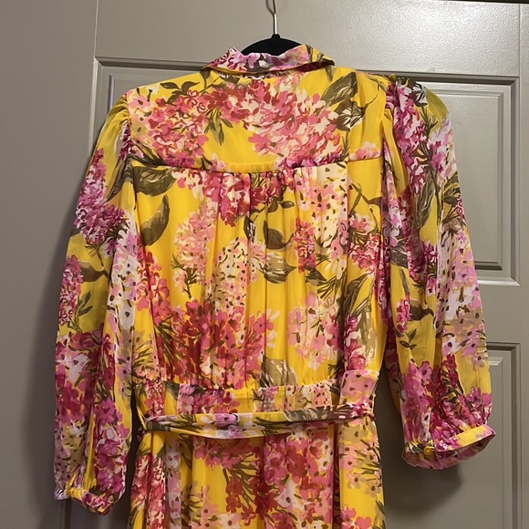 Harlow & Rose yellow and hot pink 3/4 sleeves flared midi dress with belt - Picture 7 of 8